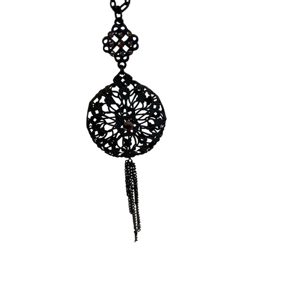 Necklace Stephan & Co. Matte Black 3D Lace Metal Pink Rhinestone Tassel - Picture 15 of 15